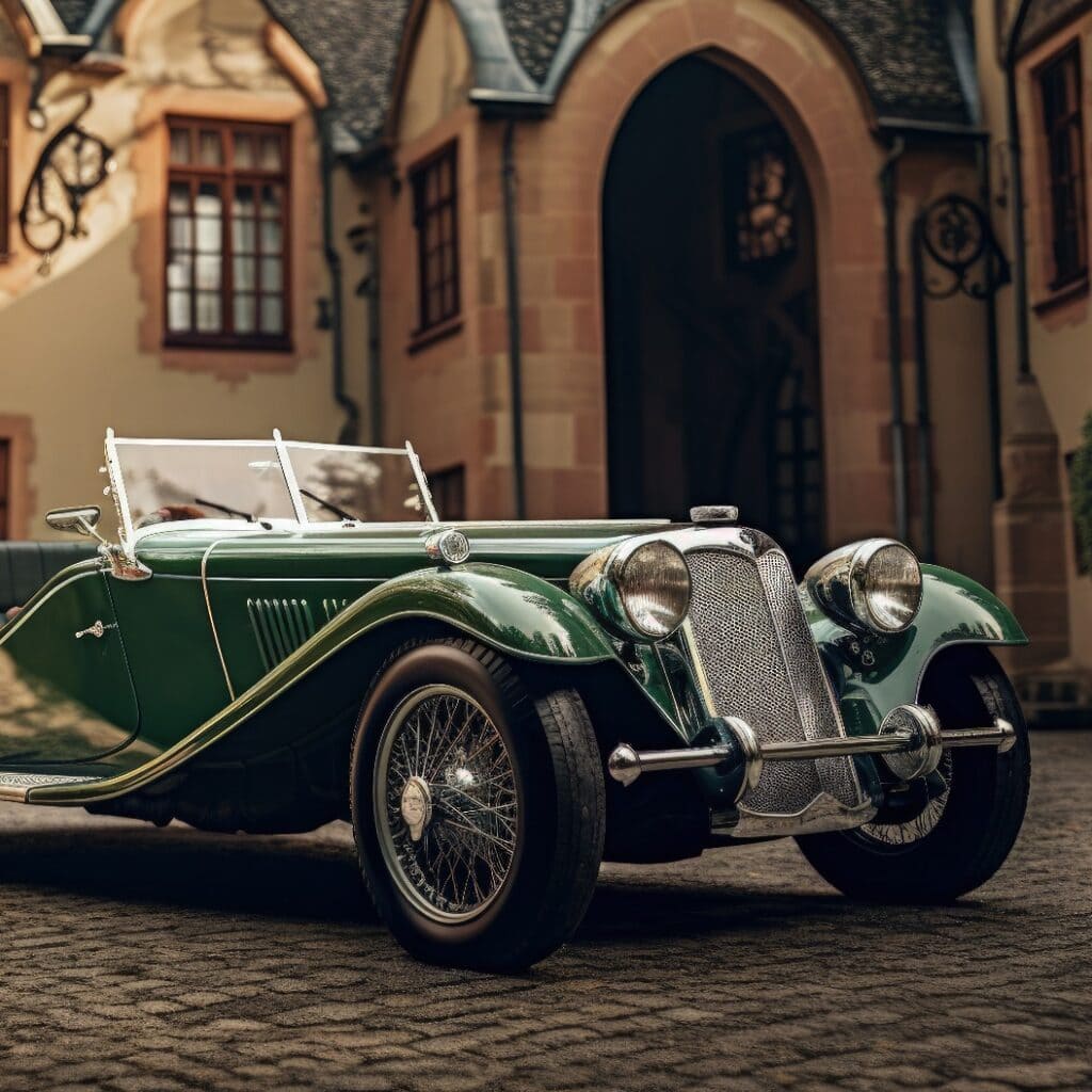 Old vintage oldtimer green car in front of a french chateux - Generative AI